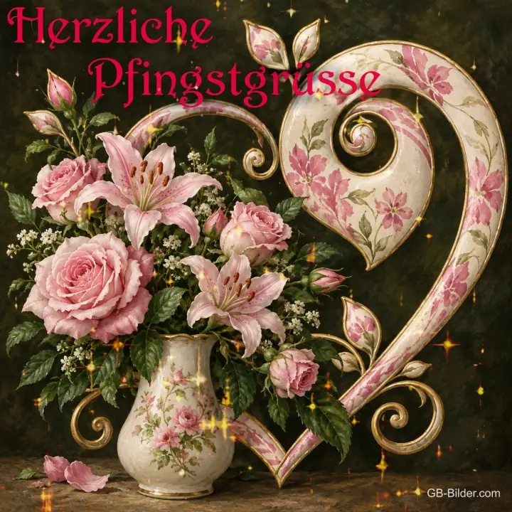 Rosen und Lilien vor verziertem Herz, Text: Herzliche Pfingstgrüße