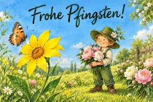 Junge mit Pfingstrosen neben Sonnenblume, Text: Frohe Pfingsten!
