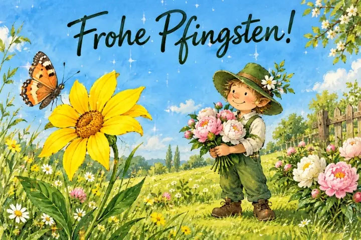 Junge mit Pfingstrosen neben Sonnenblume, Text: Frohe Pfingsten!
