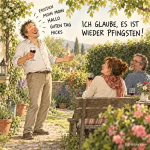 Fröhlicher Mann mit Weinglas begrüßt zwei Freunde im Garten, Text: FRIEDEN, MOIN MOIN, HALLO, GUTEN TAG, HICKS – ICH GLAUBE, ES IST WIEDER PFINGSTEN!