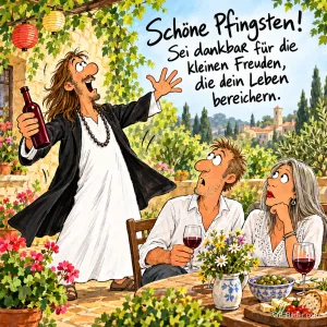 Langhaariger Mann im weißen Gewand gestikuliert vor zwei Gästen am Weintisch, Text: Schöne Pfingsten! Sei dankbar für die kleinen Freuden, die dein Leben bereichern.
