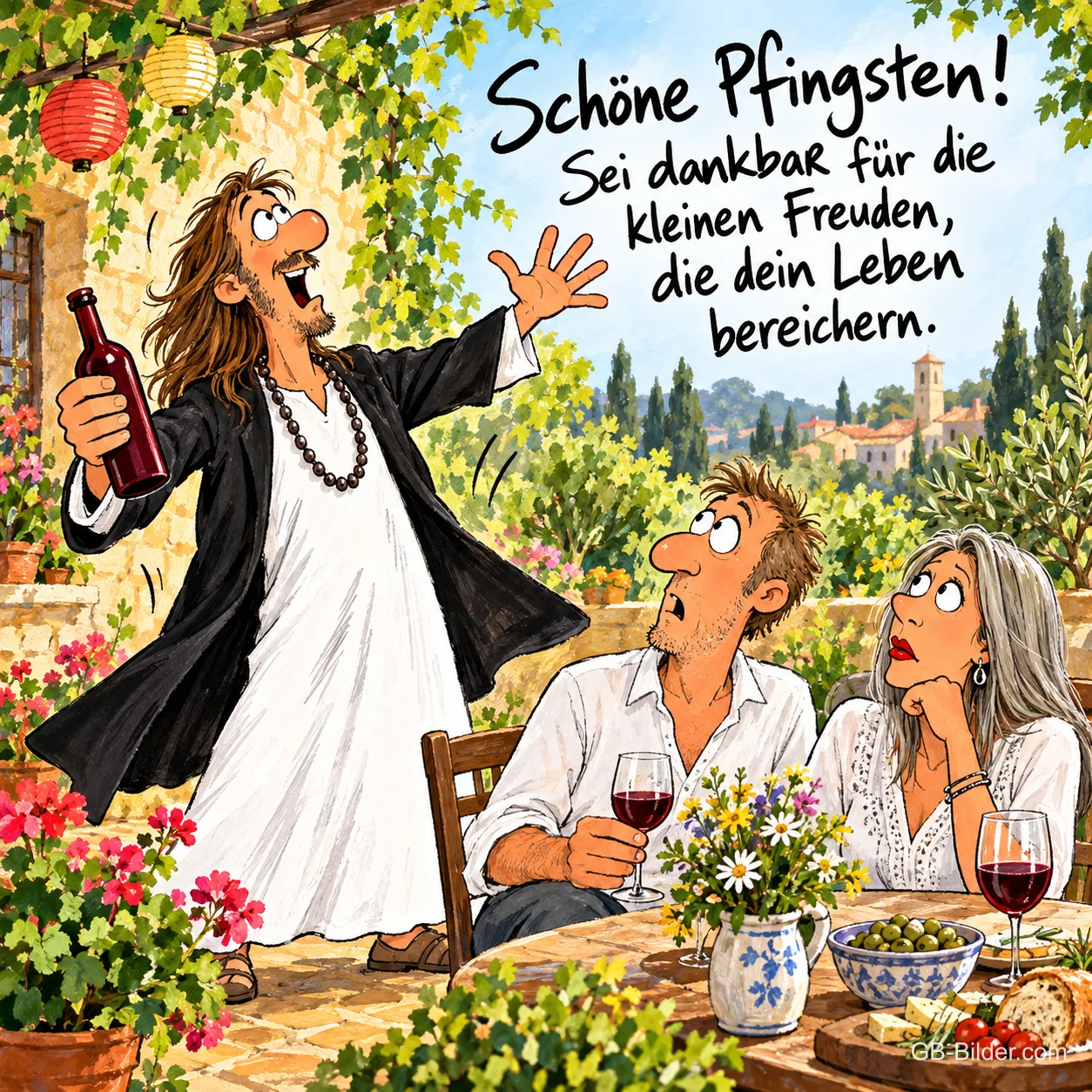 Langhaariger Mann im weißen Gewand gestikuliert vor zwei Gästen am Weintisch, Text: Schöne Pfingsten! Sei dankbar für die kleinen Freuden, die dein Leben bereichern.