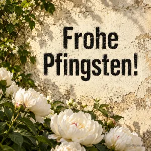 Weiße Pfingstrosen vor einer alten Hauswand, Text: Frohe Pfingsten!