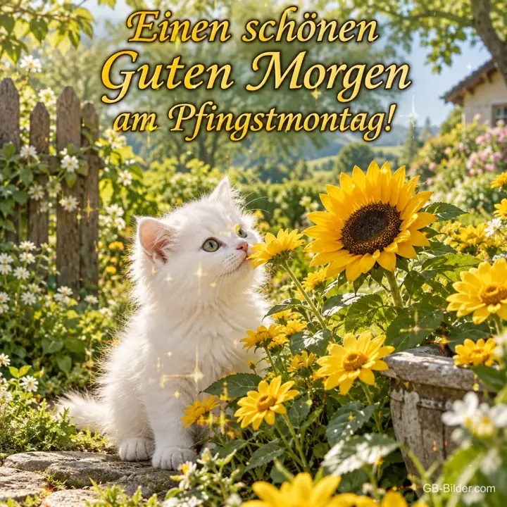 Weißes Kätzchen schnuppert an Sonnenblumen im Garten, Text: Einen schönen Guten Morgen – am Pfingstmontag!