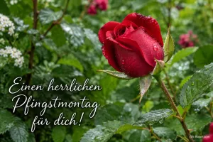 Rote Rose mit Tautropfen, Text: Einen herrlichen Pfingstmontag – für dich!