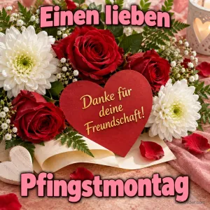 Rotes Herz zwischen Rosen und Chrysanthemen, Text: Einen lieben Pfingstmontag – Danke für deine Freundschaft!