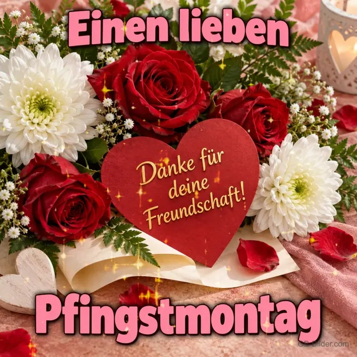Rotes Herz zwischen Rosen und Chrysanthemen, Text: Einen lieben Pfingstmontag – Danke für deine Freundschaft!