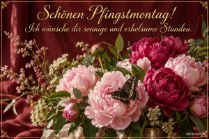 Strauß aus pinken und roten Pfingstrosen mit Schwalbenschwanz, Text: Schönen Pfingstmontag! – Ich wünsche dir sonnige und erholsame Stunden.