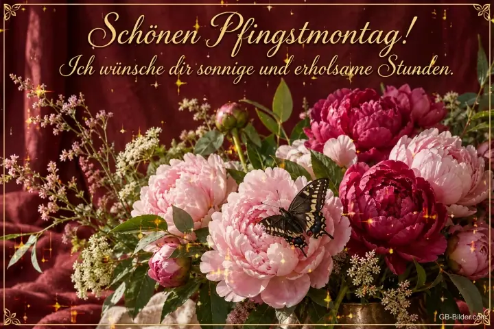 Strauß aus pinken und roten Pfingstrosen mit Schwalbenschwanz, Text: Schönen Pfingstmontag! – Ich wünsche dir sonnige und erholsame Stunden. Strauß aus pinken und roten Pfingstrosen mit Schwalbenschwanz, Text: Schönen Pfingstmontag! – Ich wünsche dir sonnige und erholsame Stunden.