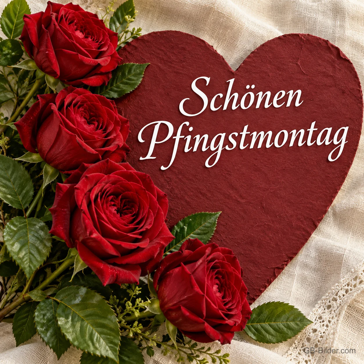 Rote Rosen neben einem roten Herz, Text: Schönen Pfingstmontag