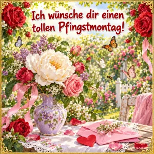 Blumenstrauß in einer Vase auf einem Gartentisch mit Briefen, Text: Ich wünsche dir einen – tollen Pfingstmontag!