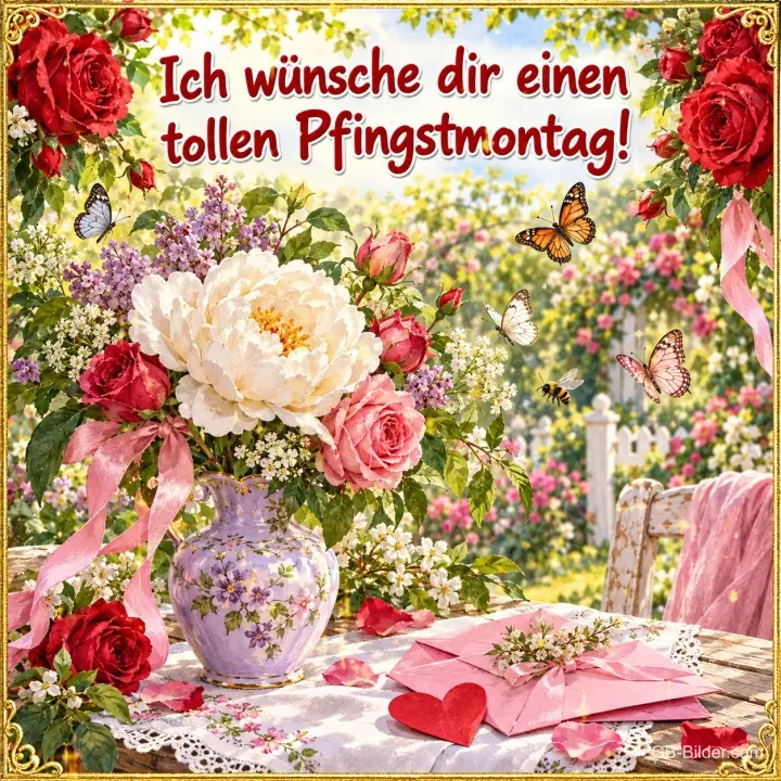 Blumenstrauß in einer Vase auf einem Gartentisch mit Briefen, Text: Ich wünsche dir einen – tollen Pfingstmontag! Blumenstrauß in einer Vase auf einem Gartentisch mit Briefen, Text: Ich wünsche dir einen – tollen Pfingstmontag!