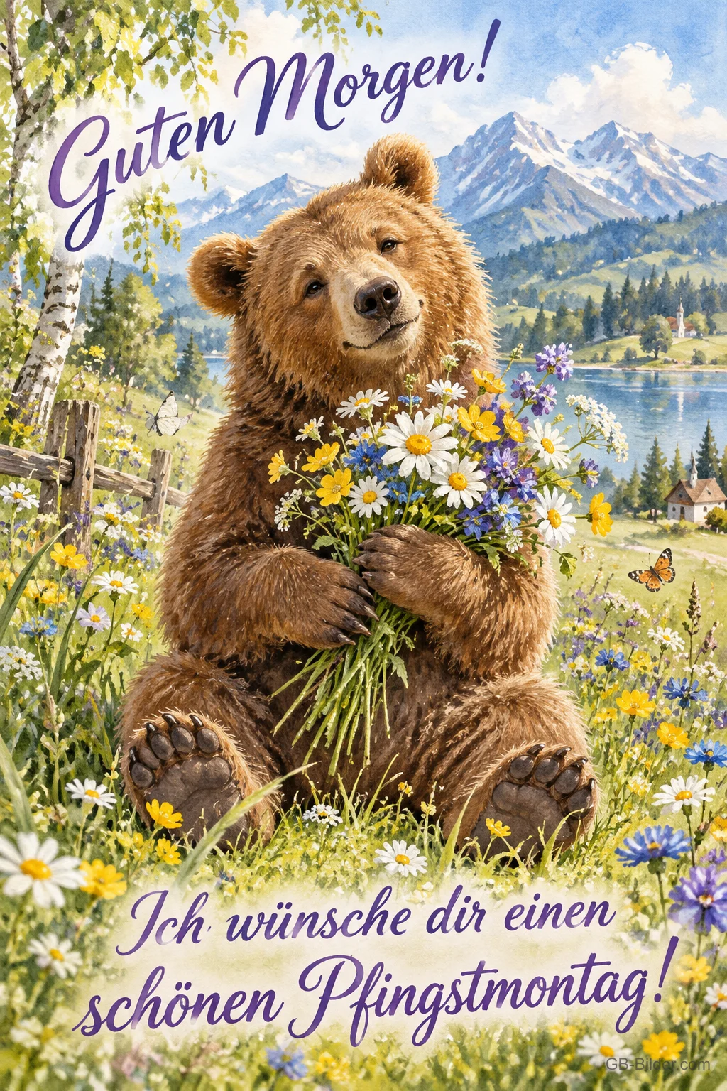 Bär hält einen Wiesenblumenstrauß vor Bergen, Text: Guten Morgen! – Ich wünsche dir einen schönen Pfingstmontag!