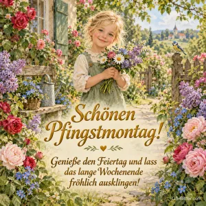 Mädchen mit Blumenstrauß in einem Rosengarten, Text: Schönen Pfingstmontag! – Genieße den Feiertag und lass das lange Wochenende fröhlich ausklingen!