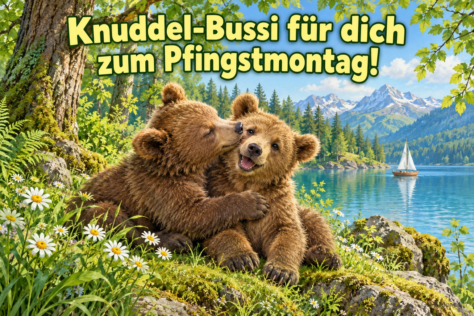 Zwei Bärenjunge kuscheln am Bergsee, Text: Knuddel-Bussi für dich zum Pfingstmontag!