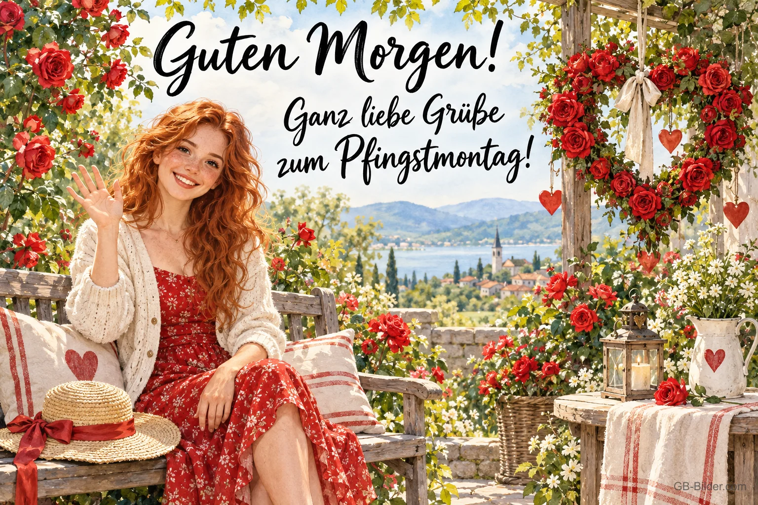 Lächelnde Frau winkt auf einer Bank im Rosengarten, Text: Guten Morgen! – Ganz liebe Grüße zum Pfingstmontag!