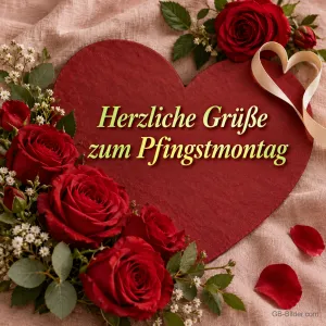 Rotes Herz zwischen roten Rosen, Text: Herzliche Grüße zum Pfingstmontag
