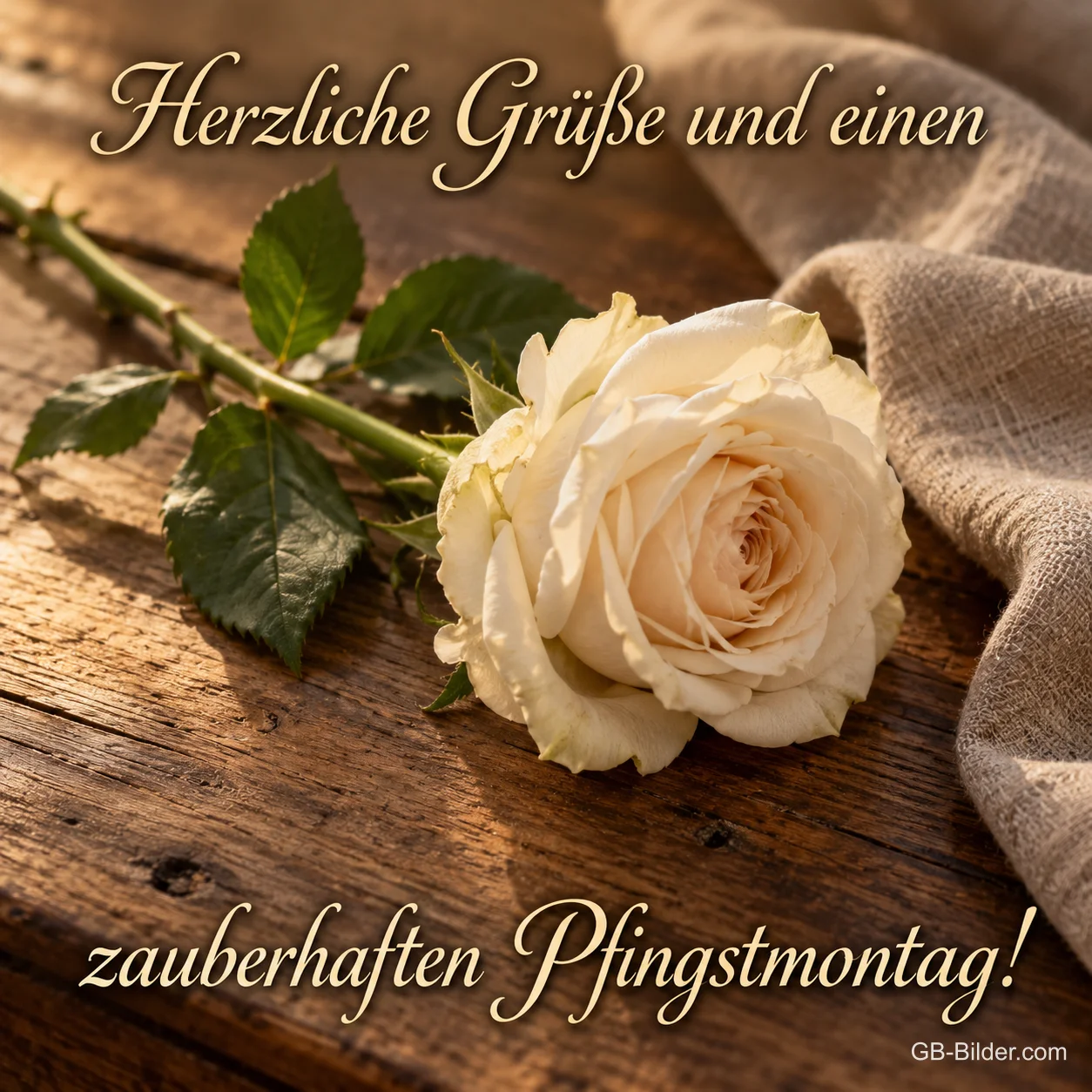 Weiße Rose auf einem Holztisch, Text: Herzliche Grüße und einen – zauberhaften Pfingstmontag!