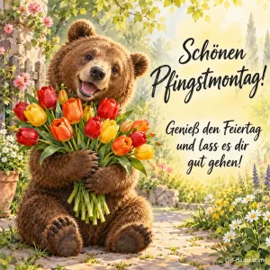 Bär hält einen großen Tulpenstrauß im Garten, Text: Schönen Pfingstmontag! – Genieß den Feiertag und lass es dir gut gehen!