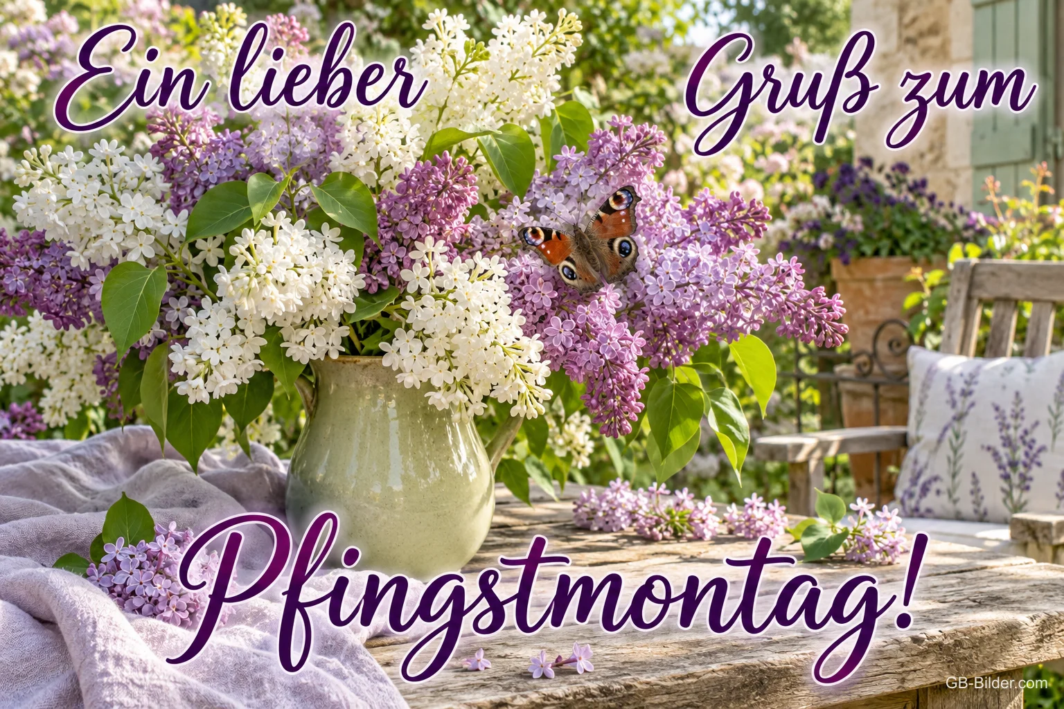 Fliederstrauß in einer Kanne mit Tagpfauenauge auf einem Gartentisch, Text: Ein lieber Gruß zum – Pfingstmontag!