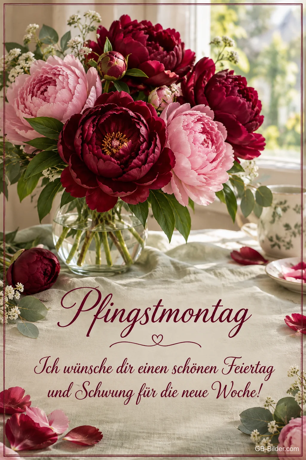 Strauß roter und rosa Pfingstrosen in einer Vase, Text: Pfingstmontag – Ich wünsche dir einen schönen Feiertag und Schwung für die neue Woche!