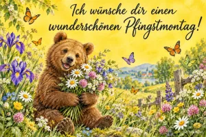 Bär mit Wiesenblumenstrauß in einer Sommerwiese mit Schmetterlingen, Text: Ich wünsche dir einen – wunderschönen Pfingstmontag!