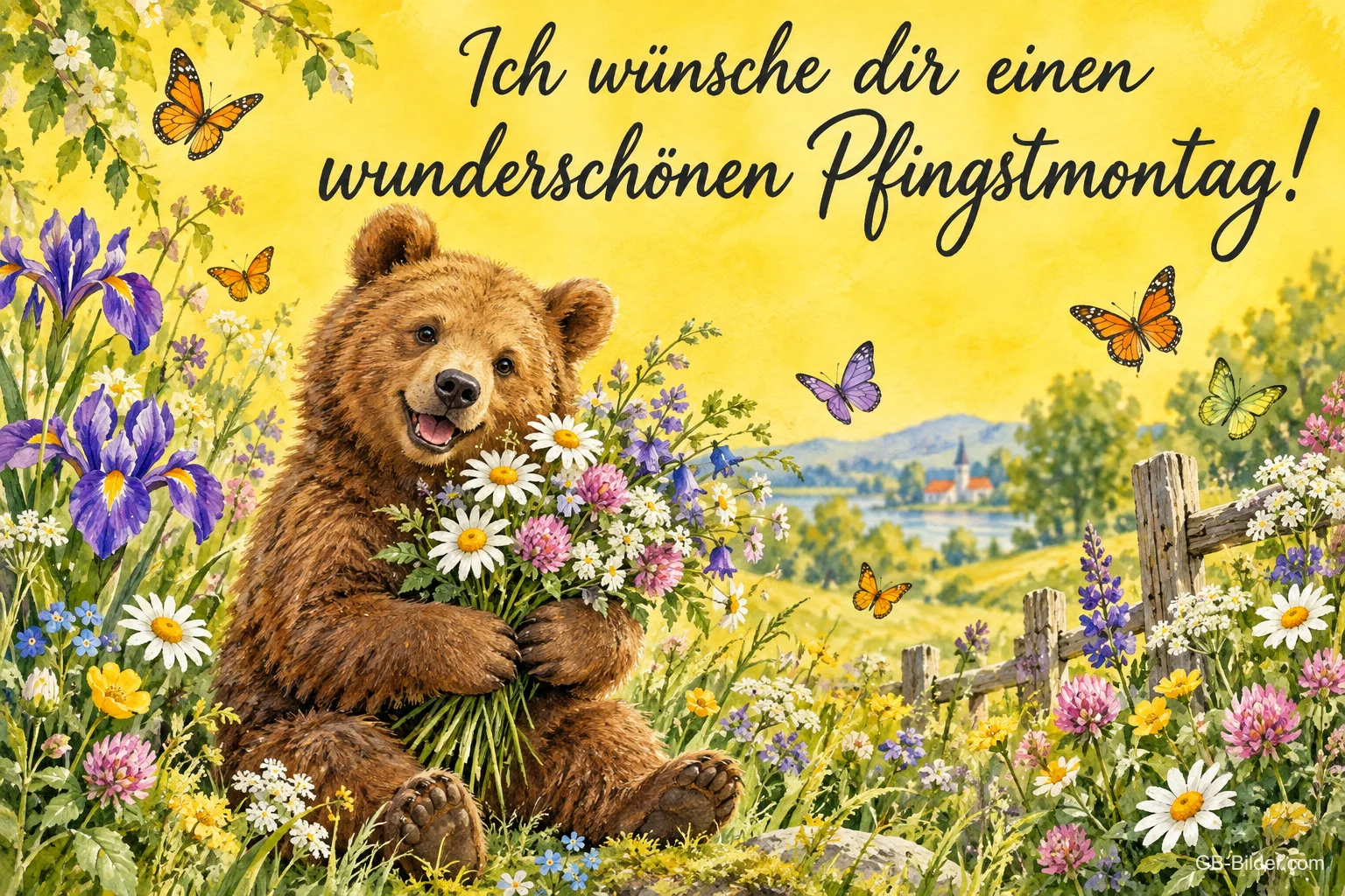Bär mit Wiesenblumenstrauß in einer Sommerwiese mit Schmetterlingen, Text: Ich wünsche dir einen – wunderschönen Pfingstmontag!
