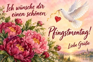 Weiße Taube mit Herz über Pfingstrosen und einem See, Text: Ich wünsche dir einen schönen Pfingstmontag! – Liebe Grüße