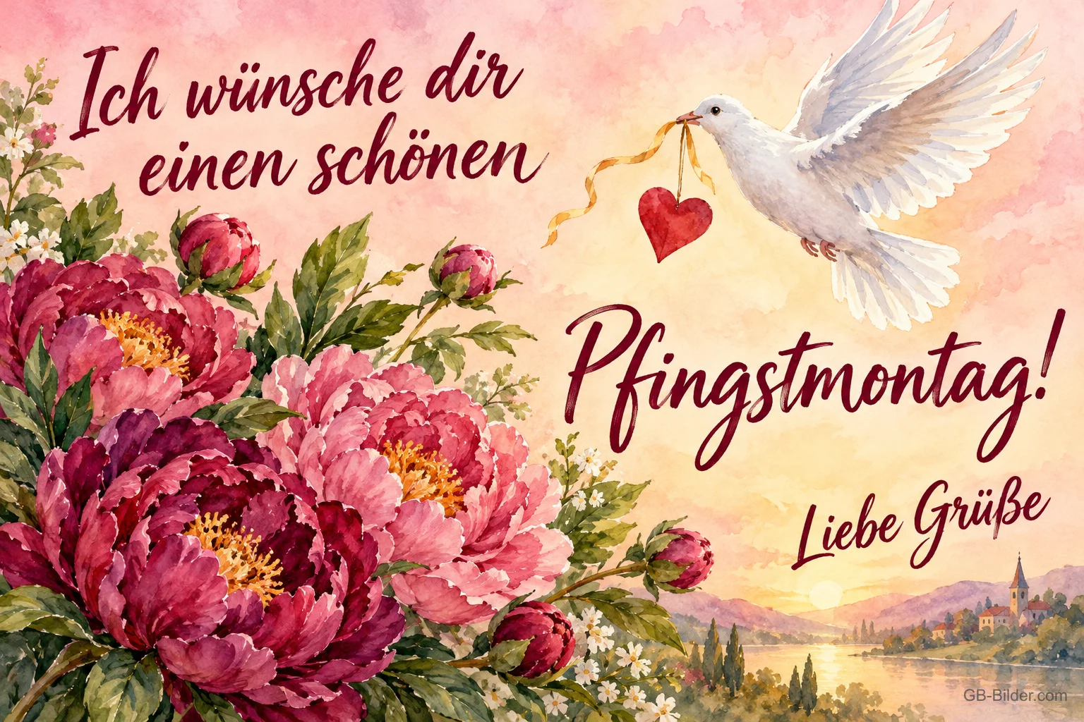 Weiße Taube mit Herz über Pfingstrosen und einem See, Text: Ich wünsche dir einen schönen Pfingstmontag! – Liebe Grüße