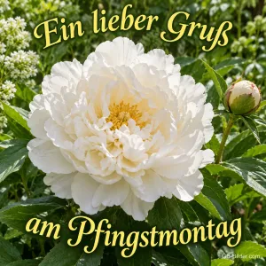 Weiße Pfingstrose im Garten, Text: Ein lieber Gruß – am Pfingstmontag