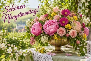 Goldene Schale mit Pfingstrosen und Gerbera auf einem Gartentisch, Text: Schönen Pfingstmontag!