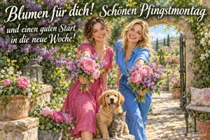 Zwei Frauen mit Blumensträußen, Hund und Katze in einem Garten, Text: Blumen für dich! Schönen Pfingstmontag – und einen guten Start in die neue Woche!
