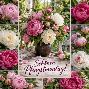Pfingstrosenstrauß in einer Vase, umrahmt von Pfingstrosenbildern, Text: Schönen Pfingstmontag!