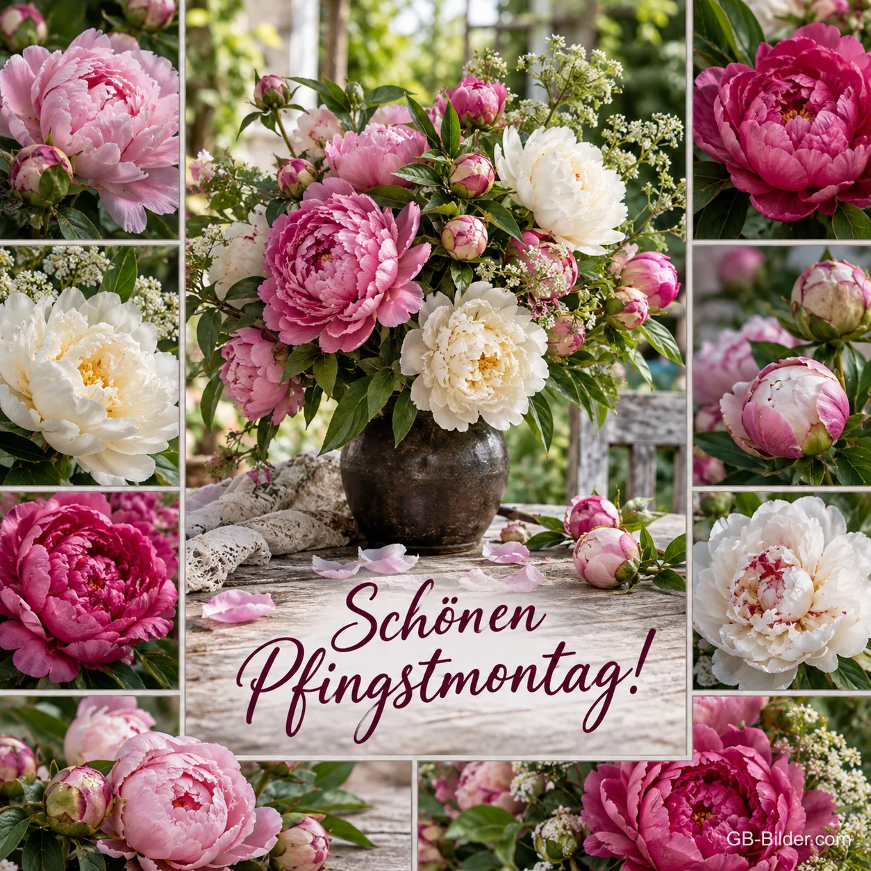 Pfingstrosenstrauß in einer Vase, umrahmt von Pfingstrosenbildern, Text: Schönen Pfingstmontag! Pfingstrosenstrauß in einer Vase, umrahmt von Pfingstrosenbildern, Text: Schönen Pfingstmontag!