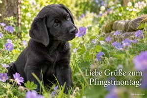 Schwarzer Labradorwelpe schnuppert an lila Blumen, Text: Liebe Grüße zum Pfingstmontag!