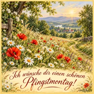 Weg durch eine Wiese mit Mohn und Margeriten, Text: Ich wünsche dir einen schönen – Pfingstmontag!