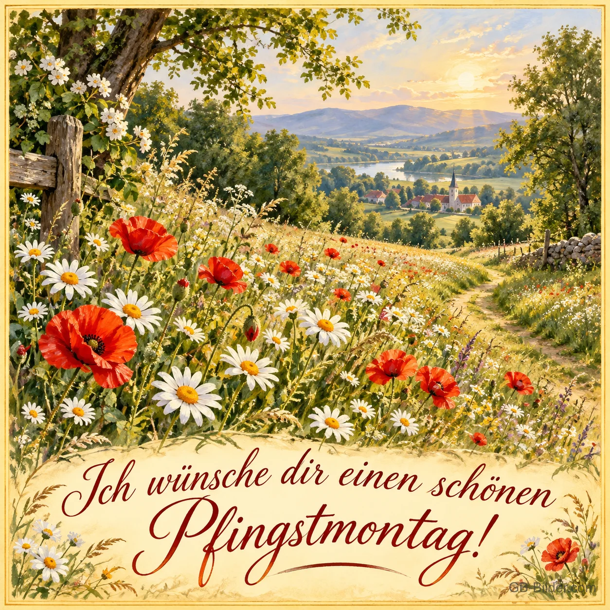 Weg durch eine Wiese mit Mohn und Margeriten, Text: Ich wünsche dir einen schönen – Pfingstmontag! Weg durch eine Wiese mit Mohn und Margeriten, Text: Ich wünsche dir einen schönen – Pfingstmontag!