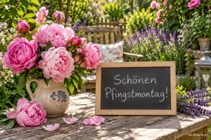Kreidetafel neben Pfingstrosen und Lavendel auf einem Gartentisch, Text: Schönen Pfingstmontag!