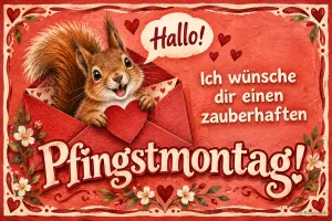 Eichhörnchen schaut aus einem roten Briefumschlag mit Herz, Text: Hallo! – Ich wünsche dir einen zauberhaften Pfingstmontag!