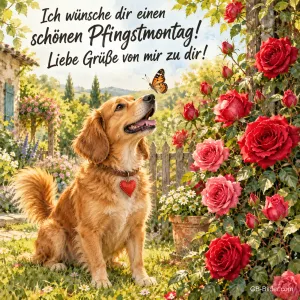 Golden Retriever mit Herzanhänger schaut zu einem Schmetterling zwischen roten Rosen, Text: Ich wünsche dir einen schönen Pfingstmontag! – Liebe Grüße von mir zu dir!