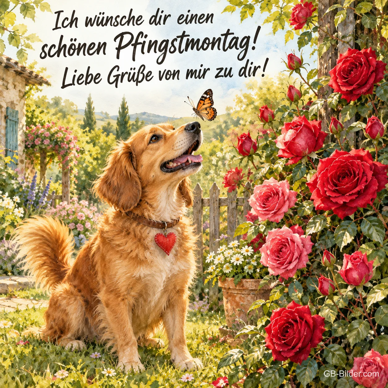 Golden Retriever mit Herzanhänger schaut zu einem Schmetterling zwischen roten Rosen, Text: Ich wünsche dir einen schönen Pfingstmontag! – Liebe Grüße von mir zu dir! Golden Retriever mit Herzanhänger schaut zu einem Schmetterling zwischen roten Rosen, Text: Ich wünsche dir einen schönen Pfingstmontag! – Liebe Grüße von mir zu dir!