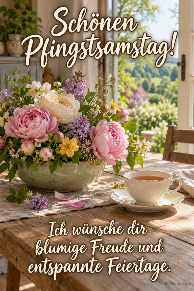 Pfingstrosen und Tee am Fenster, Text: Schönen Pfingstsamstag!