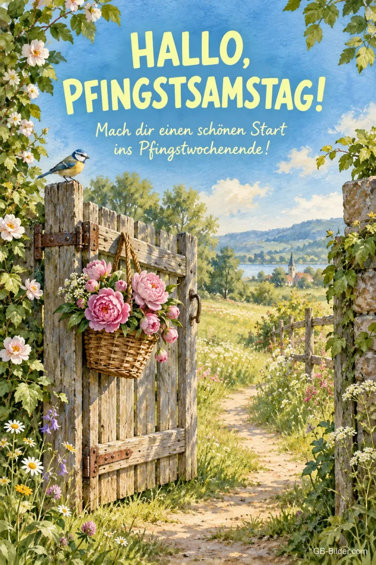 Offenes Gartentor mit Blumen, Text: Hallo, Pfingstsamstag!
