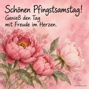 Rosa Pfingstrosen, Text: Schönen Pfingstsamstag! Genieß den Tag mit Freude im Herzen.