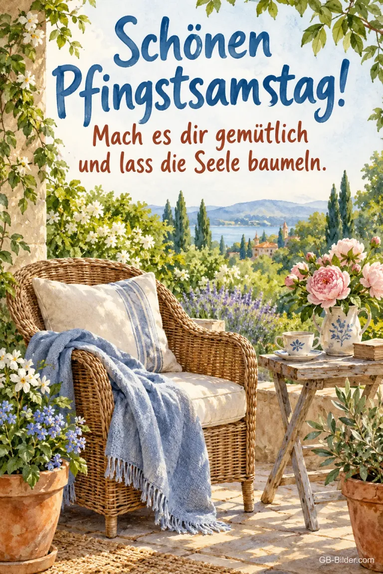 Korbsessel auf einer Terrasse, Text: Schönen Pfingstsamstag!