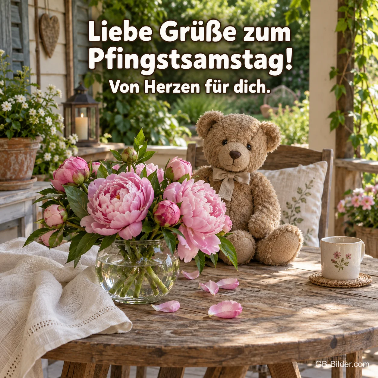 Teddybär mit Pfingstrosen, Text: Liebe Grüße zum Pfingstsamstag! Teddybär mit Pfingstrosen, Text: Liebe Grüße zum Pfingstsamstag!
