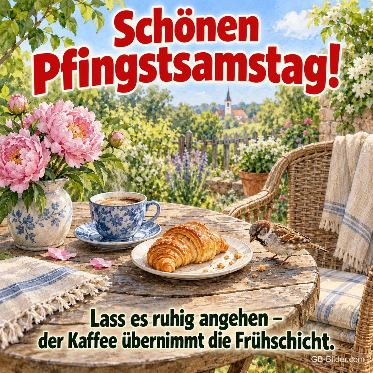 Kaffee und Croissant im Garten mit Spatz, lustiger Text: Schönen Pfingstsamstag! Kaffee und Croissant im Garten mit Spatz, lustiger Text: Schönen Pfingstsamstag!