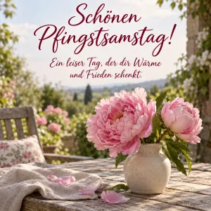 Pfingstrosen in einer Vase im Garten, Text: Schönen Pfingstsamstag!