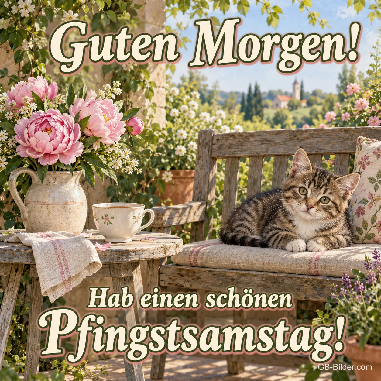 Kätzchen auf der Gartenbank mit Pfingstrosen, Text: Guten Morgen! Hab einen schönen Pfingstsamstag! Kätzchen auf der Gartenbank mit Pfingstrosen, Text: Guten Morgen! Hab einen schönen Pfingstsamstag!