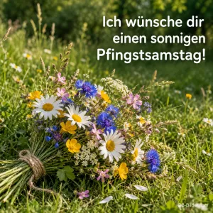 Wiesenblumenstrauß im Gras, Text: Ich wünsche dir einen sonnigen Pfingstsamstag!